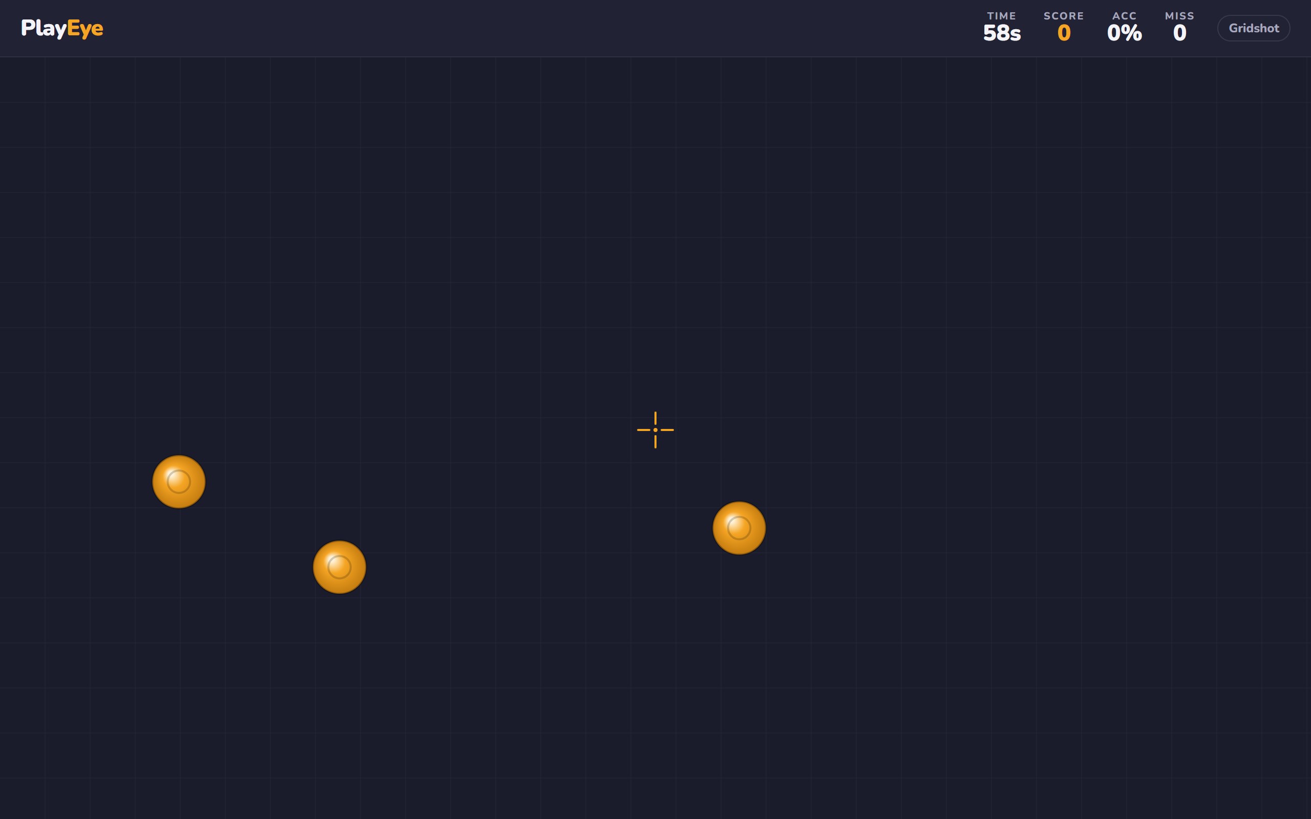 Aim Trainer Gridshot gameplay — three amber targets on the board with a live HUD showing time, score, accuracy, and misses, and an amber crosshair
