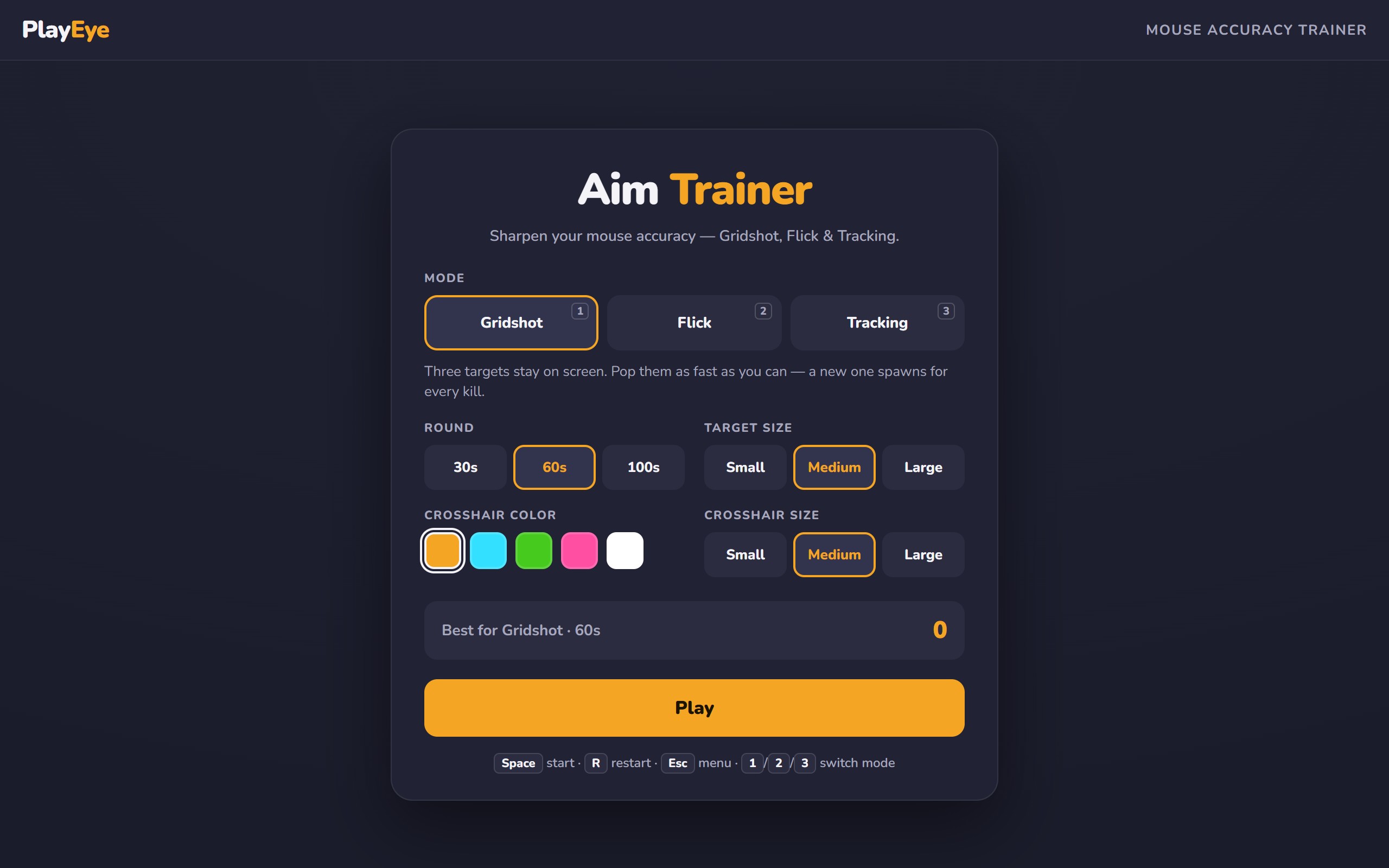 Aim Trainer menu — mode selection (Gridshot, Flick, Tracking), round length, target size, and crosshair color and size options with a Play button
