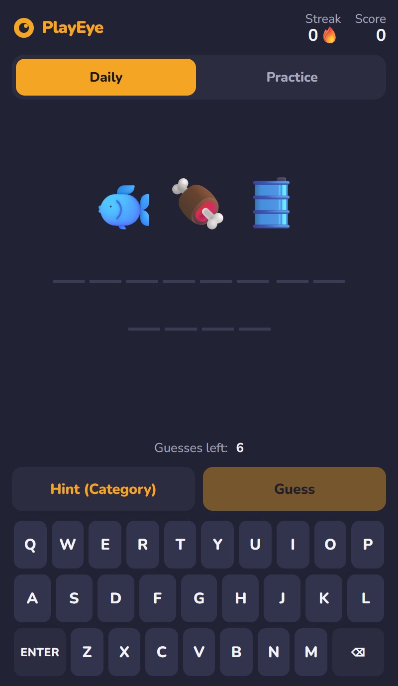 Emoji Word Quiz play screen showing a row of emoji, blank answer slots, and the on-screen keyboard