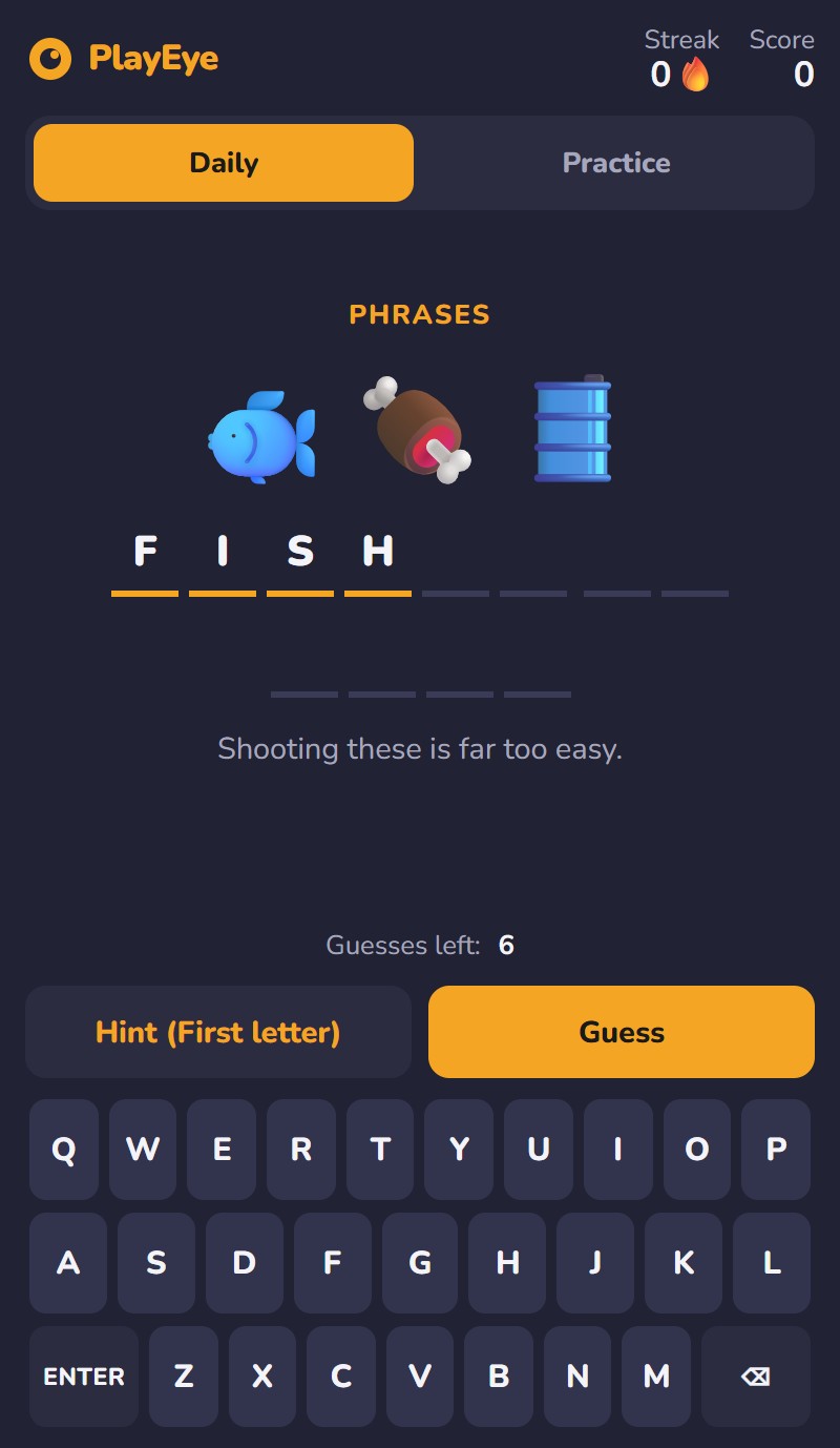 Emoji Word Quiz mid-puzzle with the PHRASES category revealed and letters typed into the answer slots
