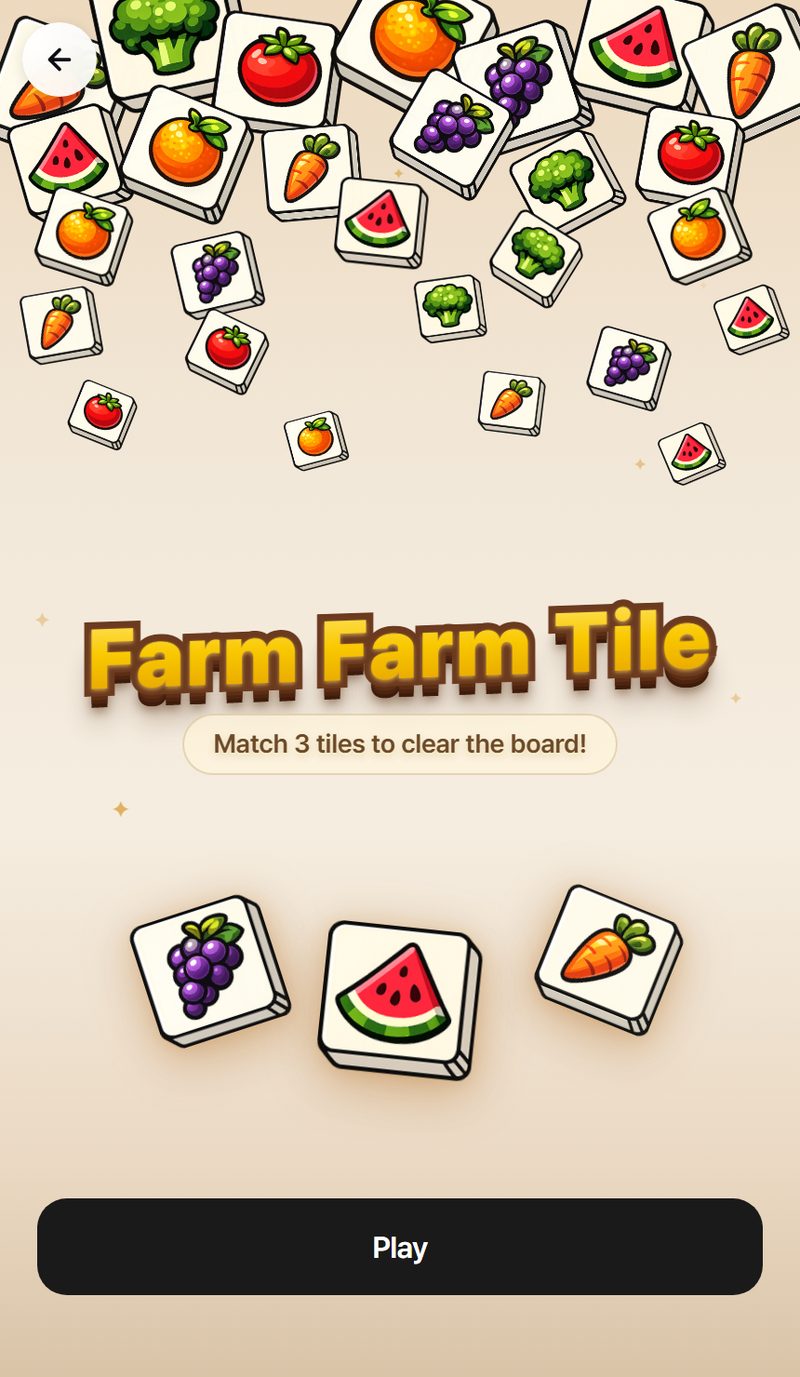 Farm Farm Tile on PlayEye showing a stacked board of farm-crop tiles above a tray of collection slots