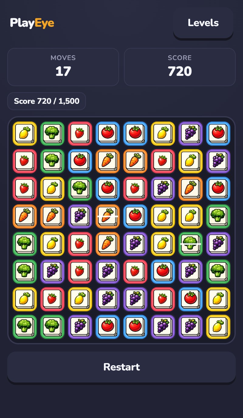 Farm Match mid-game: an 8x8 board of crops on colored cards with the moves and score counters above