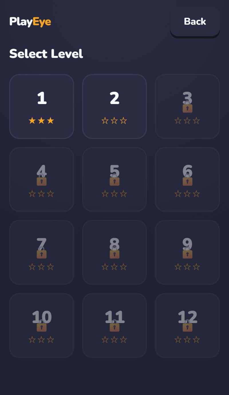 Farm Match level select screen showing the 12 handcrafted levels and their star ratings