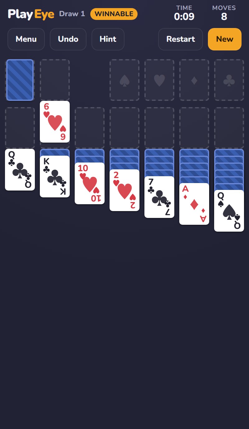 Klondike Solitaire on PlayEye showing a dealt board with seven tableau columns, the stock and waste piles, and four empty foundations