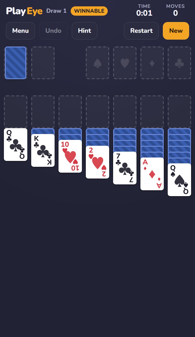 PlayEye's Klondike Solitaire mid-game: cards mid-drag between two tableau columns, showing the same drag-and-drop gesture the original 1990 tutorial was designed to teach