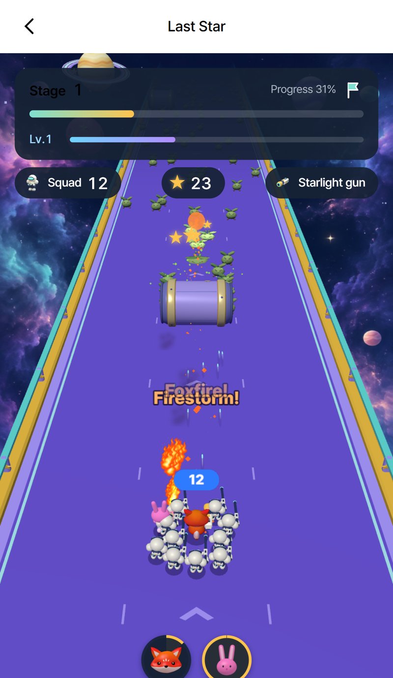 Last Star gameplay — a fox-led squad firing down a starlit road in space