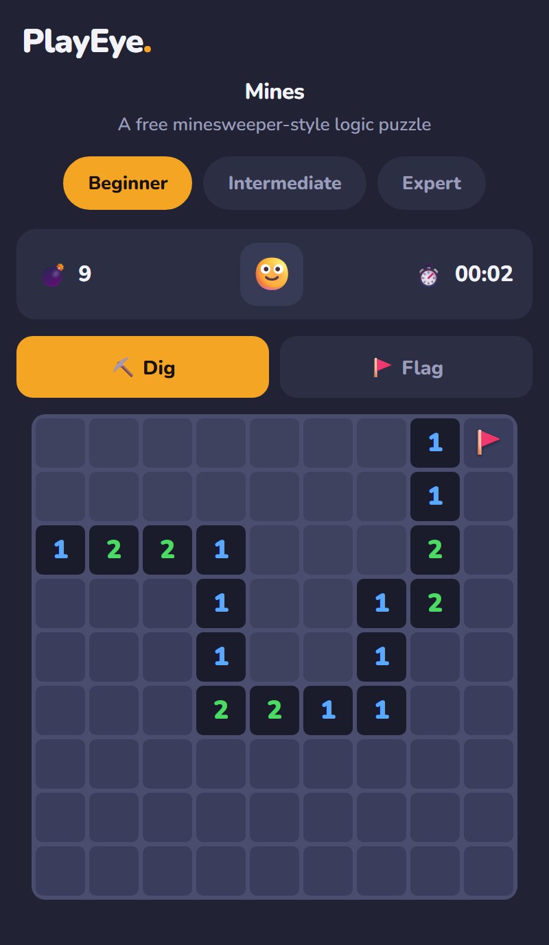Mines mid-game on Beginner: revealed number cells in blue and green, a flag planted on a suspected mine, the mine counter and timer running