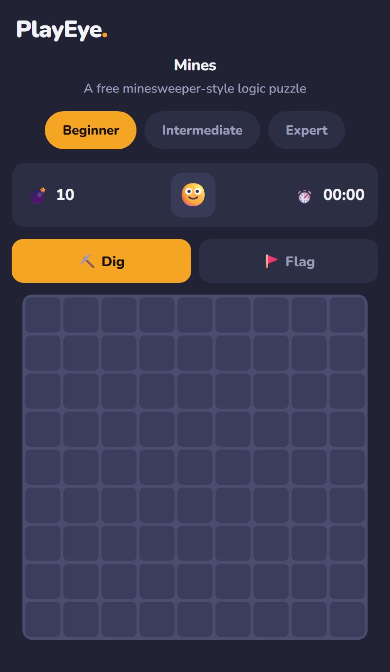 PlayEye's Mines game on an Expert grid mid-game: numbered cells revealing mine counts, several cells flagged with mines, the same right-click flag mechanic Windows 3.1 used to teach the right mouse button