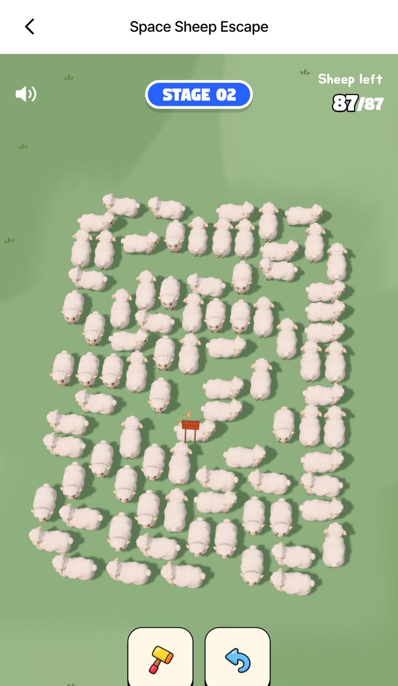 Space Sheep Escape gameplay screenshot of stage 2 with 87 sheep packed on the grid