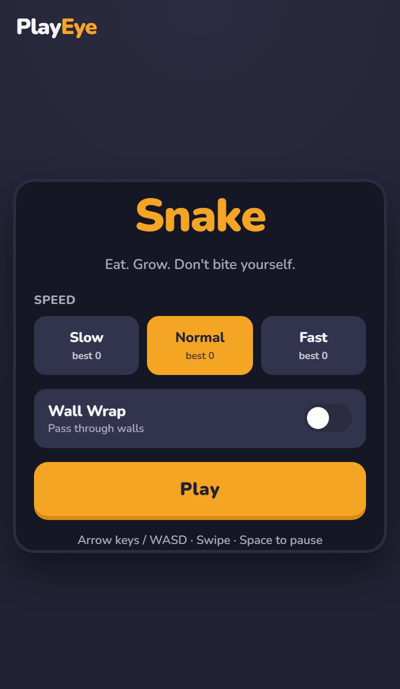 Snake start screen with speed options, the Wall Wrap toggle, and the Play button