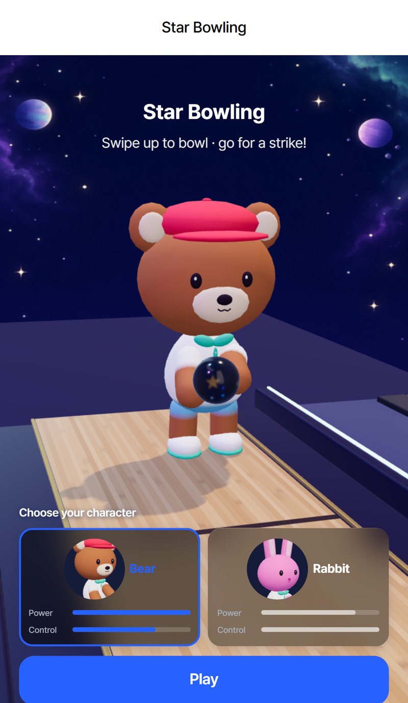Star Bowling lobby — the bear bowler on a starlit lane with the character select