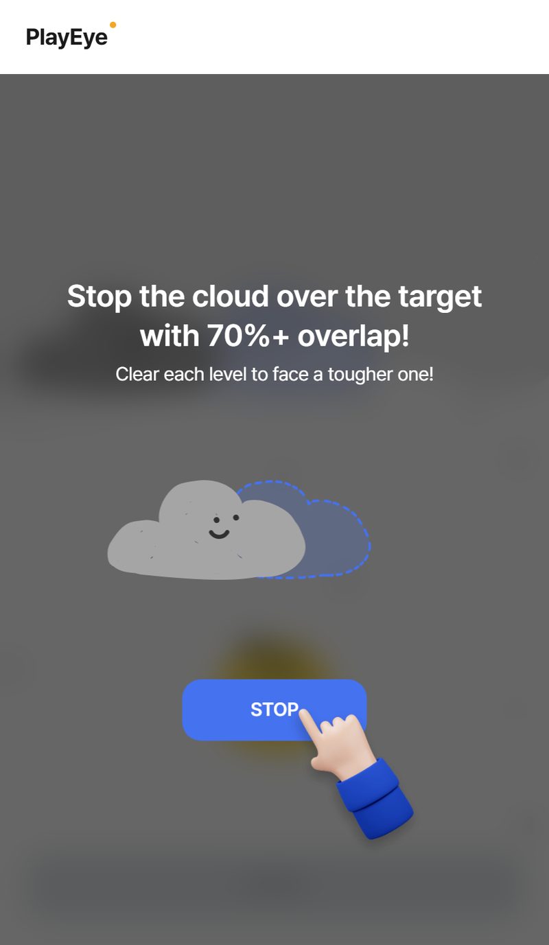 Stop the Cloud on PlayEye, showing a cloud drifting across the screen toward a target zone with a STOP button below