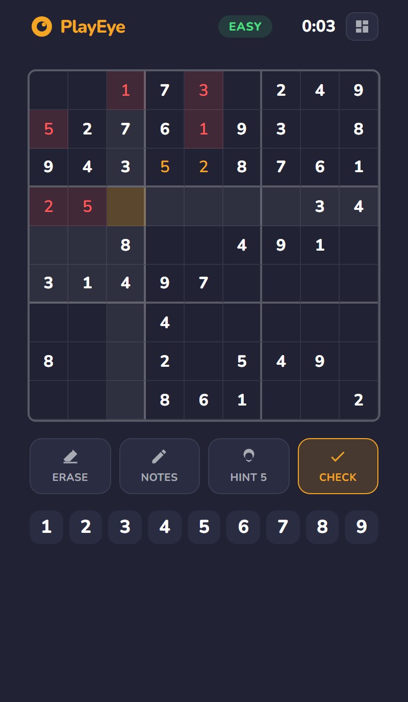 A Sudoku puzzle on PlayEye mid-solve, showing the 9 by 9 grid with given clues in one color and player-entered numbers in another