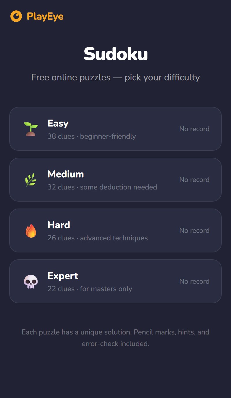 Sudoku difficulty select screen showing Easy, Medium, Hard, and Expert with their clue counts