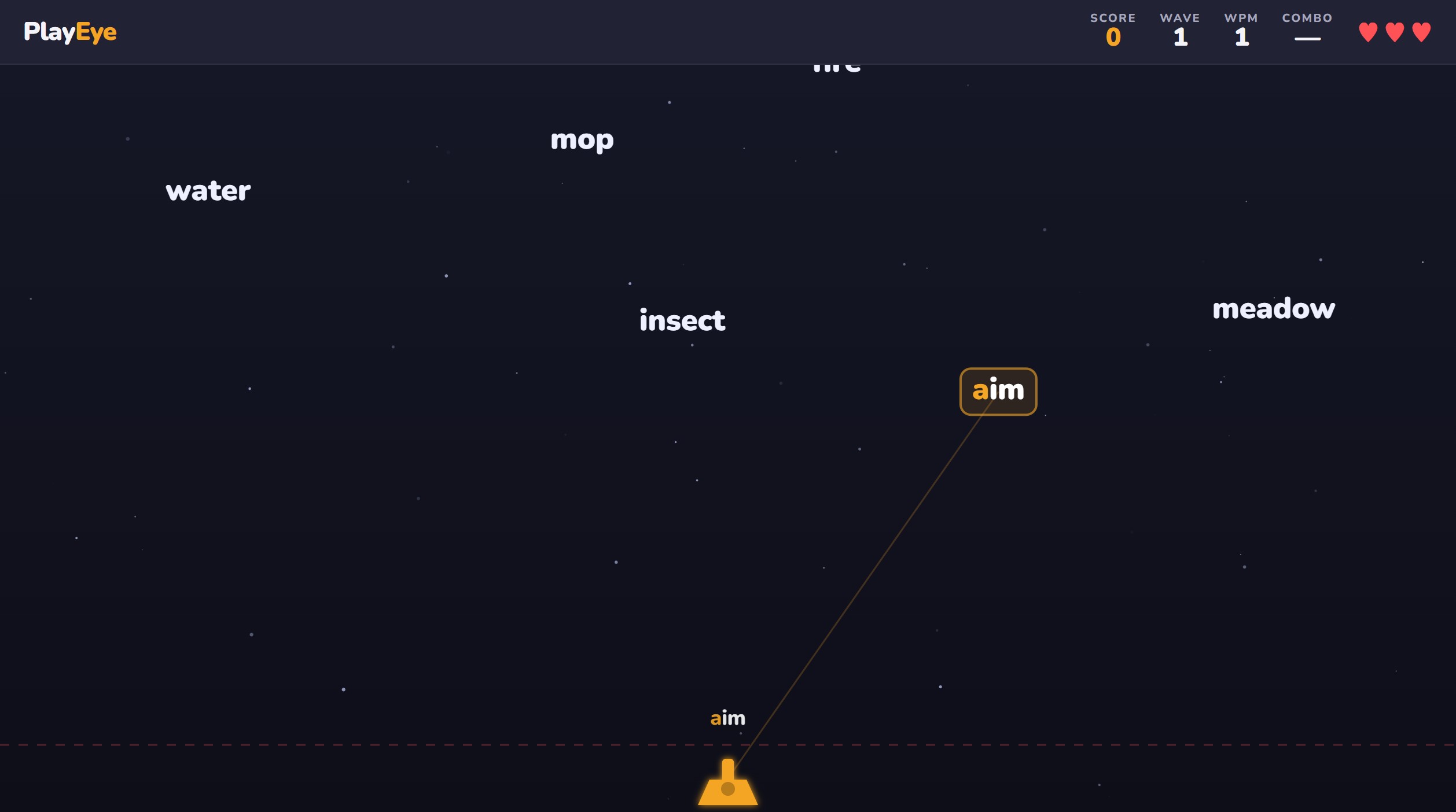 Typing Shooter gameplay — several words falling from the top of the screen with the word 'aim' locked in an amber box, a targeting line down to the turret, and a HUD showing score, wave, WPM, combo, and three lives
