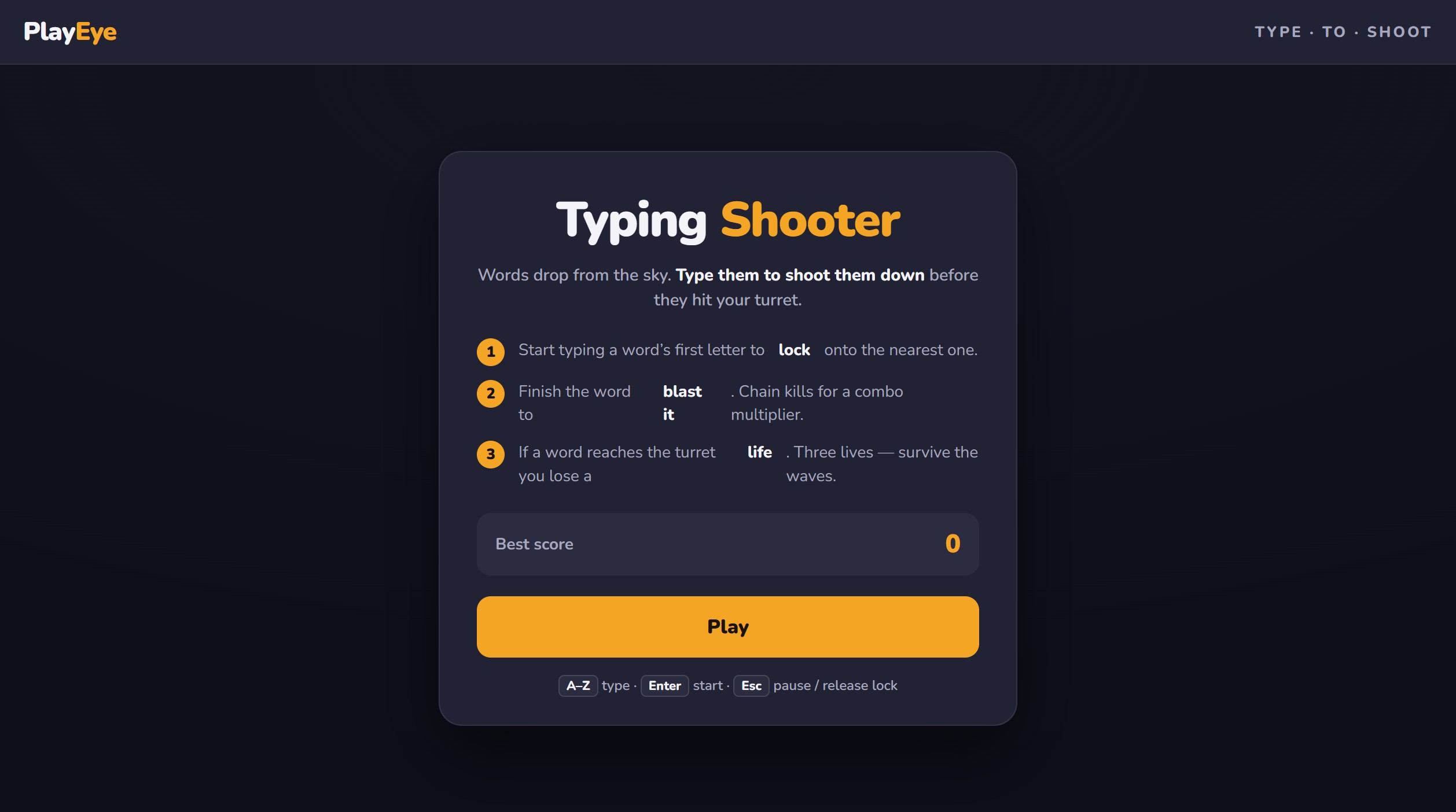 Typing Shooter start menu — the game logo, a three-step how-to-play summary, best score, and a Play button