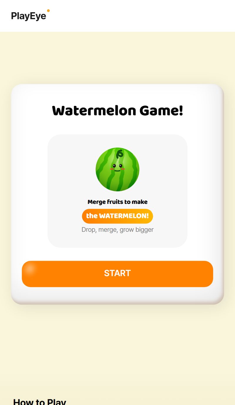 The Watermelon Game on PlayEye showing fruits of different sizes stacked in a container with the score above and the next fruit to drop indicated