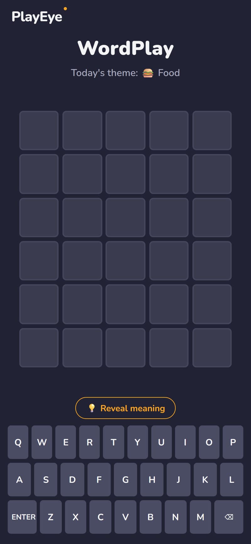 WordPlay start screen showing the daily theme and empty guess grid