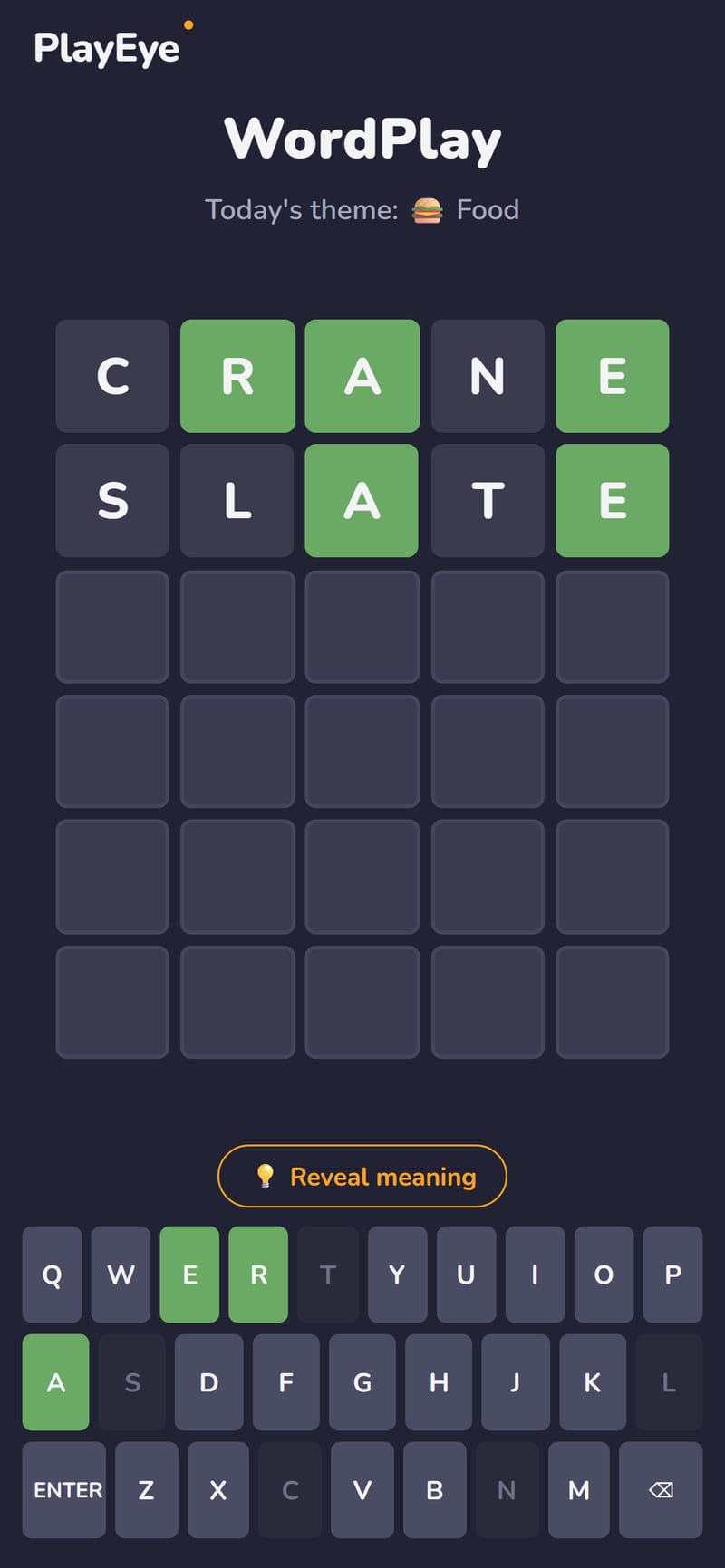 WordPlay gameplay screenshot with green and grey letter tiles after two guesses